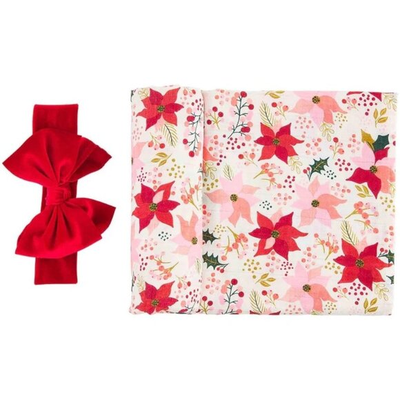 Mud Pie Christmas Muslin Swaddle blanket Red Headband Set Pink Floral poinsettia - Picture 2 of 3